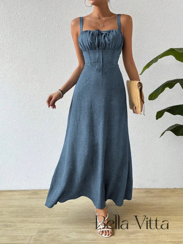 Vestido Longo com Alças e Detalhe Franzido Vestido