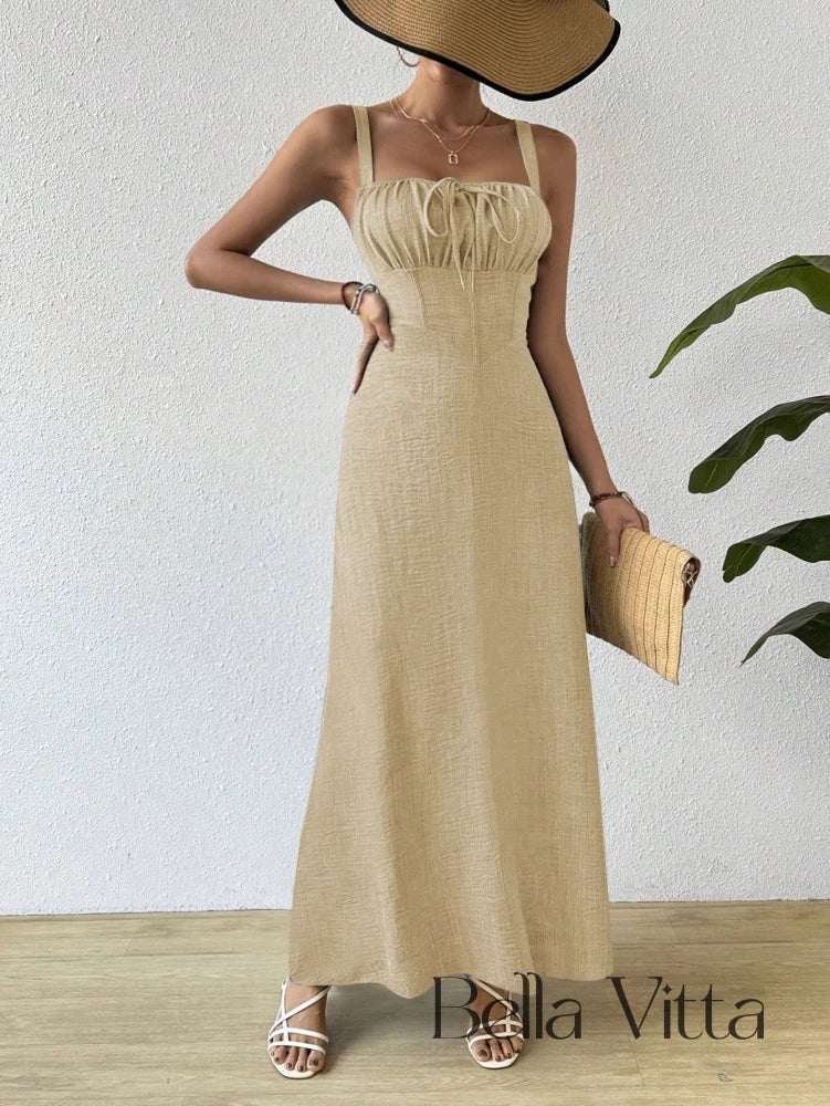 Vestido Longo com Alças e Detalhe Franzido Vestido