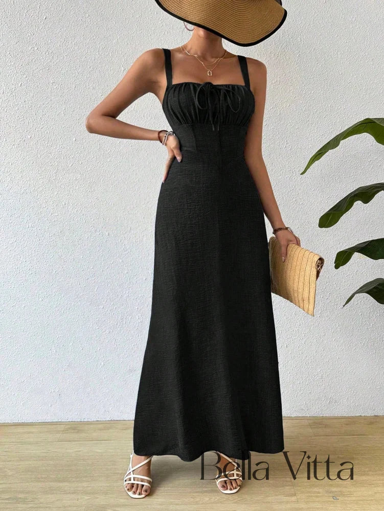 Vestido Longo com Alças e Detalhe Franzido Vestido