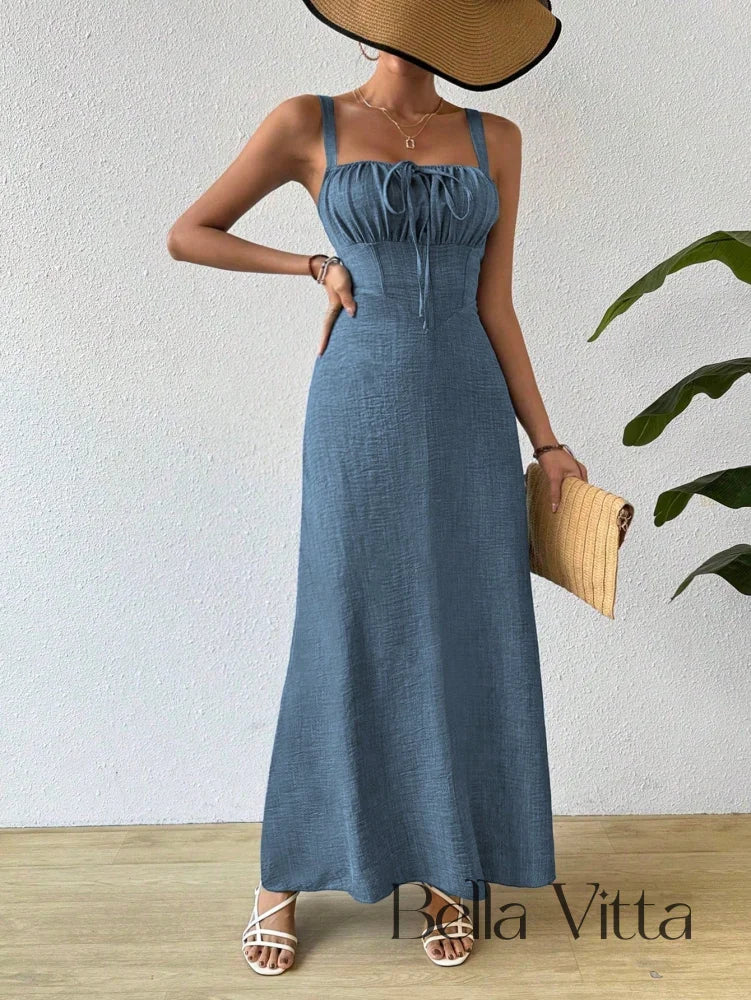 Vestido Longo com Alças e Detalhe Franzido Vestido