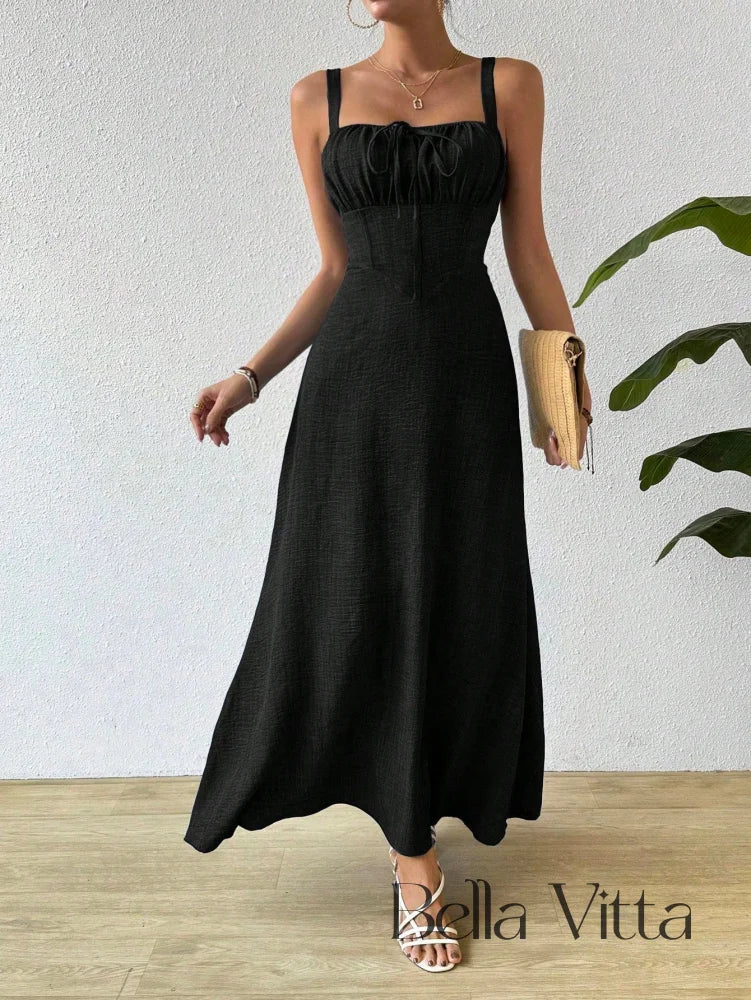 Vestido Longo com Alças e Detalhe Franzido Vestido