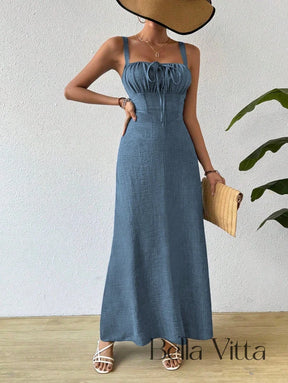 Vestido Longo com Alças e Detalhe Franzido Vestido