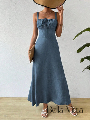Vestido Longo com Alças e Detalhe Franzido Azul Empoeirado / P Vestido