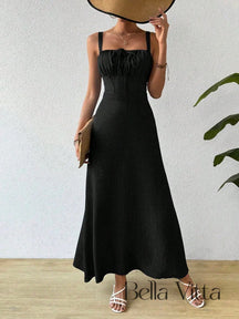 Vestido Longo com Alças e Detalhe Franzido Preto / P Vestido