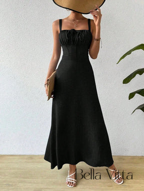 Vestido Longo com Alças e Detalhe Franzido Preto / P Vestido